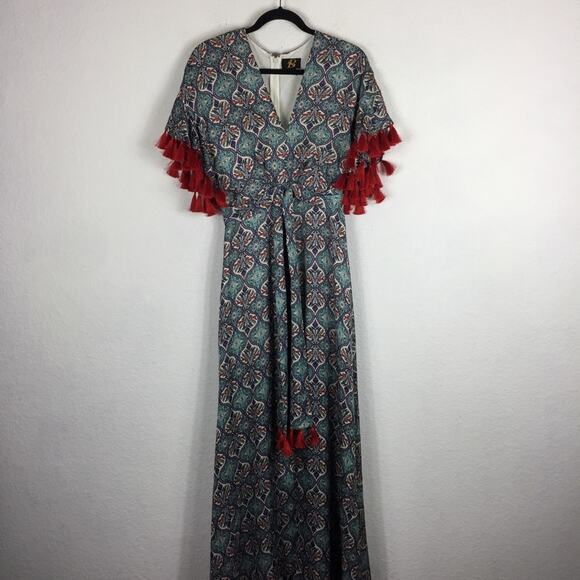 Anthropologie Sachin + Babi Maxi Dress Size 2 Tasseled Red Blue Abstract Satin - Picture 3 of 16